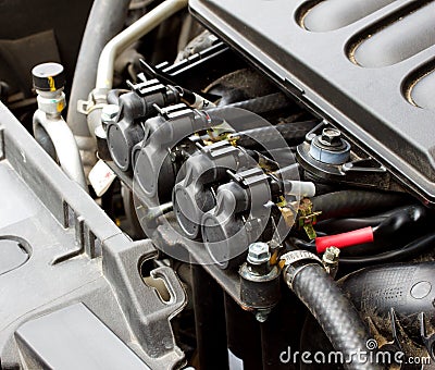 Gas injectors in gasoline engine 2 Stock Photo
