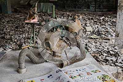 Gas Mask. Ghost City. Chernobyl Zone. Nuclear disaster. Abandoned place. Ukraine Editorial Stock Photo