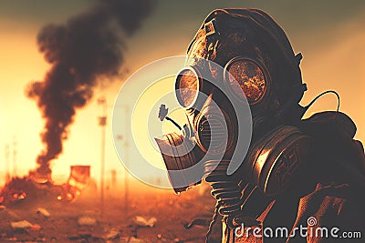 Gas mask on man during explosion. Chemical weapons against civil, destruction of houses and buildings. nuclear war concept. Stock Photo
