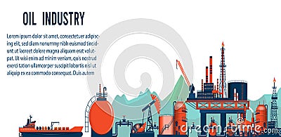 Gas & oil industry extraction platform Banner with Outbuildings, Oil storage tank. Poster Brochure Flyer Design, Vector Illustrati Vector Illustration