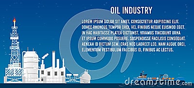 Gas oil industry platform Banner with Outbuildings, Oil storage tank. Vector Illustration