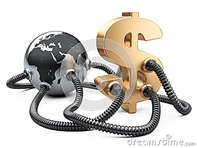 Gas and oil pipes attached to dollar sign and planet earth. Stock Photo