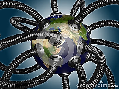 Gas and oil pipes attached to the planet earth. Cartoon Illustration