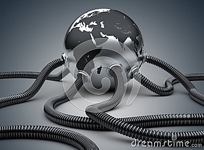 Gas and oil pipes attached to the planet earth. Cartoon Illustration