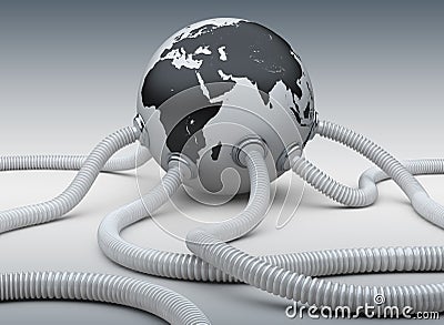 Gas and oil pipes attached to the planet earth. Cartoon Illustration