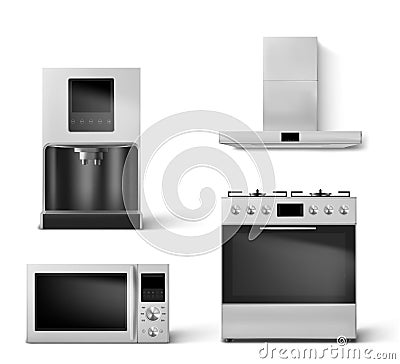 Gas oven, hood, microwave and coffee machine set Vector Illustration