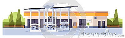 Gas and petrol station building. Oil, gasoline shop exterior. Petroleum refuel store facade, panorama. Roadside service Vector Illustration