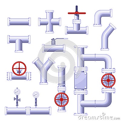 Gas pipeline construction elements. Vector isolated metal pipe, valve, pressure, tap icons set Vector Illustration