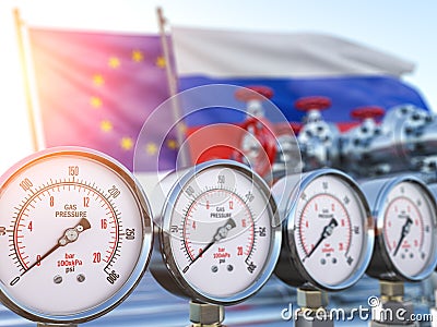 Gas pipeline with gauge with zero pression and EU European Union and Russia flags. Energy crisis and sacctions concept Cartoon Illustration