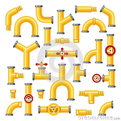 Gas pipeline. Industrial yellow pipes, pipe construction with valves and pipelines isolated elements vector set Vector Illustration