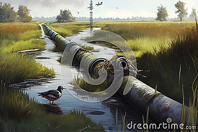gas pipeline traversing marshy wetlands, with birds and frogs in the background Stock Photo