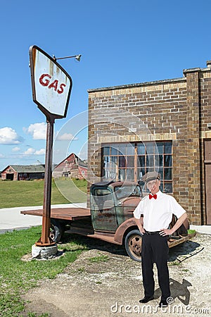 Vintage Gas Station, Attendant, Nostalgia Stock Photo