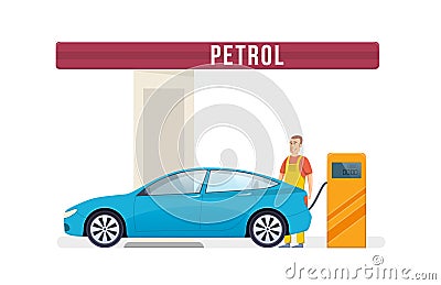 Gas station. Car service. Worker fills fuel into car. Vector Illustration