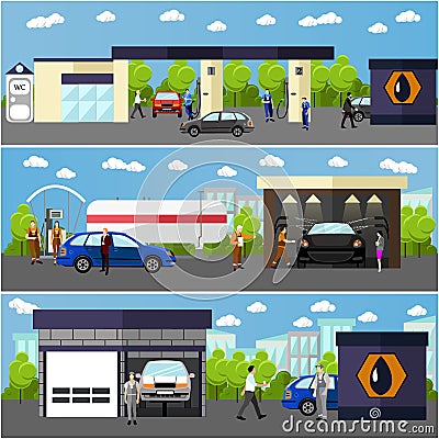 Gas station, car wash and repair shop concept vector banners. People fuel their cars. Vector Illustration