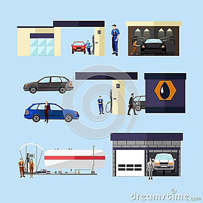 Gas station, car wash and repair shop concept vector isolated objects, icons Vector Illustration