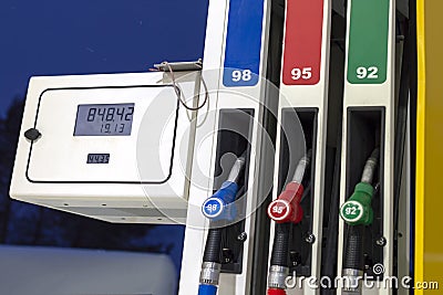 Gas station column with three pistols and screen display. Stock Photo