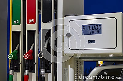 Gas station column with three pistols and screen display. Stock Photo