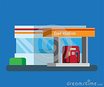 Gas station and convenience store in rest area highway in flat illustration vector Vector Illustration