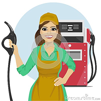 Gas station female worker holding petrol pump standing next to fuel dispenser Vector Illustration