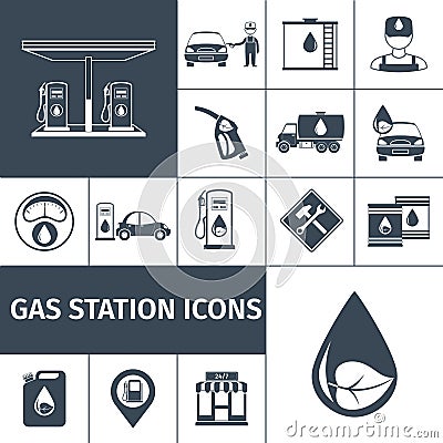 Gas Station Icons Black Vector Illustration