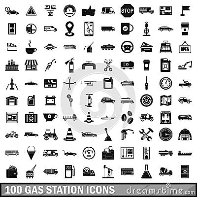 100 gas station icons set, simple style Vector Illustration