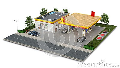 Gas station and surrounding territory on a piece of ground Cartoon Illustration