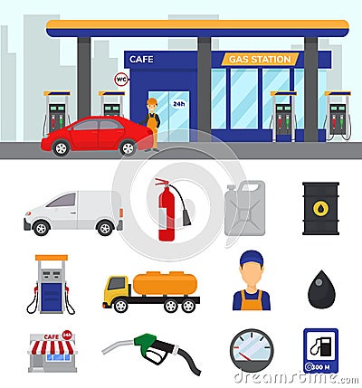 Gas station vector gasoline fuel or petrol and diesel for fueling cars illustration set of transportation refuel icons Vector Illustration