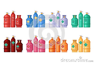 Gas storage, cylinder containers set. Vector flat illustration. Metal ballons of propane, oxygen, butane, acetylene Vector Illustration