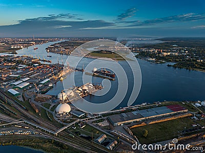 Gas storage terminal in the sea port. Baltic sea, Daugava river. Stock Photo