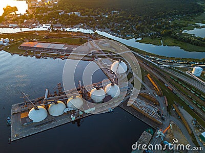 Gas storage terminal in the sea port. Baltic sea, Daugava river. Stock Photo