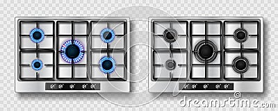 Gas stove with blue flame and black steel grate Vector Illustration