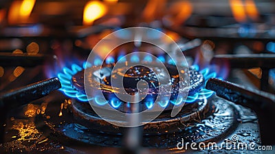 Gas stove burner with blue flame close-up Stock Photo