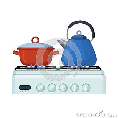 Gas stove with pan and kittle. Home kitchen food cooking vector illustration. Vector Illustration