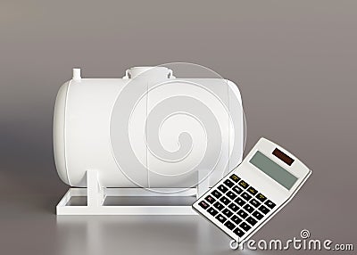 Gas tank and calculator on gray background. LPG, Liquefied Petroleum Gas. Propan and butan. Heating is getting more Stock Photo