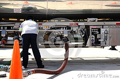 Gas tanker worker checking the valves Editorial Stock Photo
