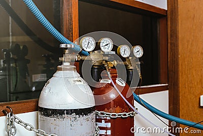 Gas tanks for instrumental Liquid Chromatography Mass Spectrometry LC-MS in the laboratory Stock Photo