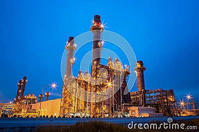 Gas turbine electric power plant at night Stock Photo