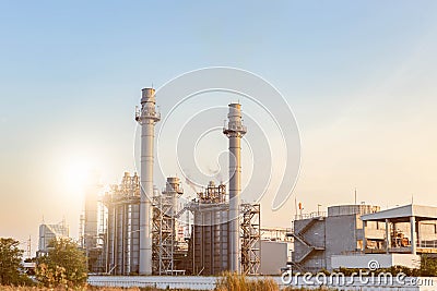 Gas turbine electrical power plant in evening sunset. Stock Photo