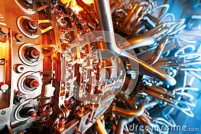 Gas turbine engine located inside the aircraft. Clean energy in a power plant used on an offshore oil and gas refining central Stock Photo