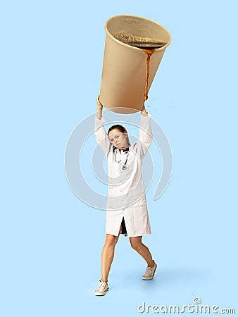 Gas up yourself, filling up with coffee to wake up. Creative artwork. Stock Photo