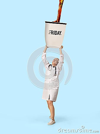 Gas up yourself, filling up with coffee to wake up. Creative artwork. Stock Photo