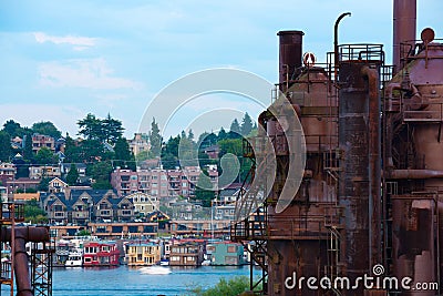 Gas Works Park and traditional Floating houses on Lake Union Stock Photo