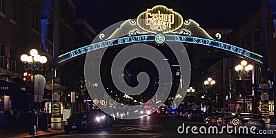 Gaslamp District Archway at Night Editorial Stock Photo