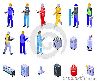 Gasman icons set isometric vector. Facility technician Vector Illustration