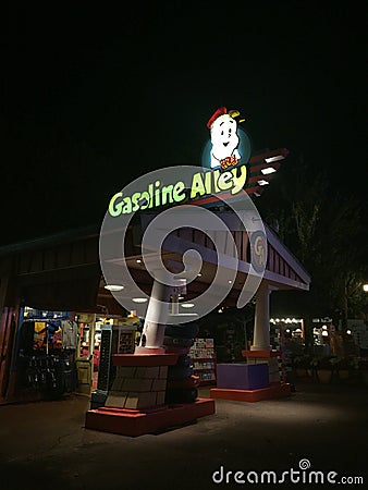 Gasoline Alley located on Toon Lagoon. Editorial Stock Photo