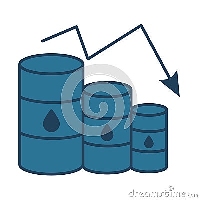 Gasoline barrels with arrow decreasing oil prices fill style Vector Illustration