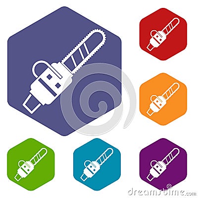 Gasoline powered chainsaw icons set hexagon Vector Illustration