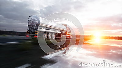 Gasoline tanker, Oil trailer, truck on highway. Very fast driving. 3d rendering. Stock Photo