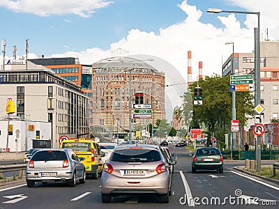 Gasometer city street with cars, Vienna Editorial Stock Photo