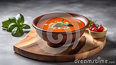 Gaspacho soup on round wooden tray over white marble tabletop. Generative AI Stock Photo